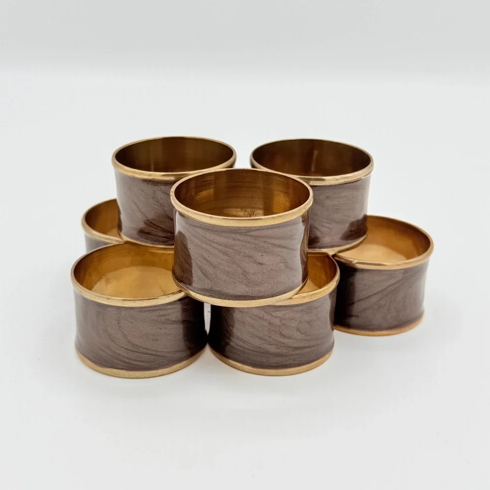 Vintage Brass & Marbled Enamel Napkin Rings Set of 8 Taupe Brown